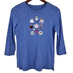 Talbots Sz Small Petite SP Unique Artsy Tea Time Blue Blouse Shirt Top Mature